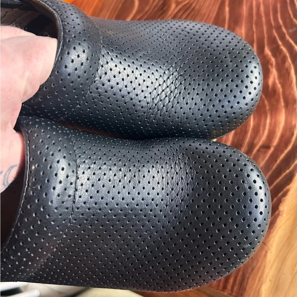 Dansko Black Perforated Clogs with Tan Sole - Picture 7 of 14